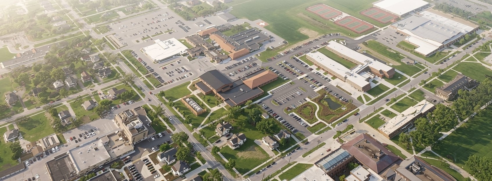 Aerial view of the Oberlin College campus around Hales Gymnasium.